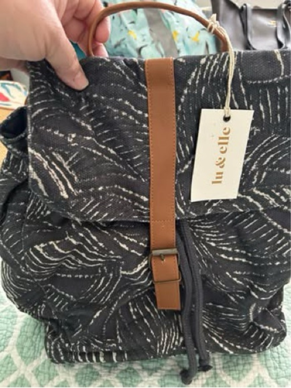 lu & elle Black Patterned Canvas Backpack with Tan Trim